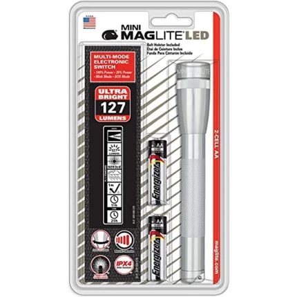 Mini LED 2-Cell AA Flashlight with Holster, Silver
